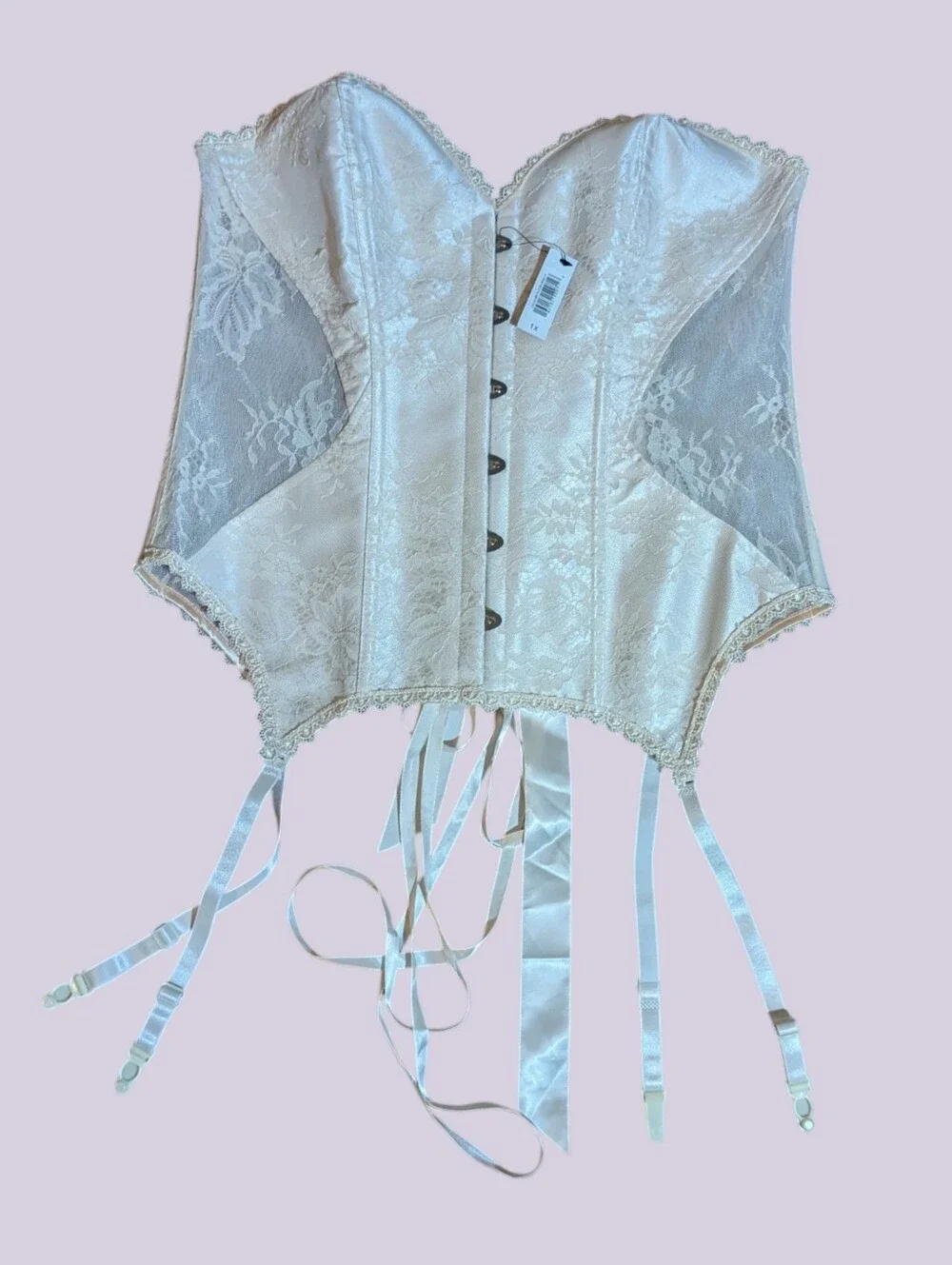 New Ivory Lace Strapless Boned Corset Bustier Satin Ribbons Garters Sexy Sz 1x